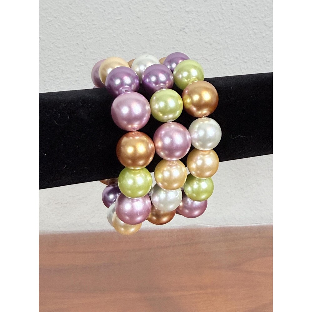 Handmade 3 Recycled Pastel Large Faux Pearl Elastic Bracelet Set 7”